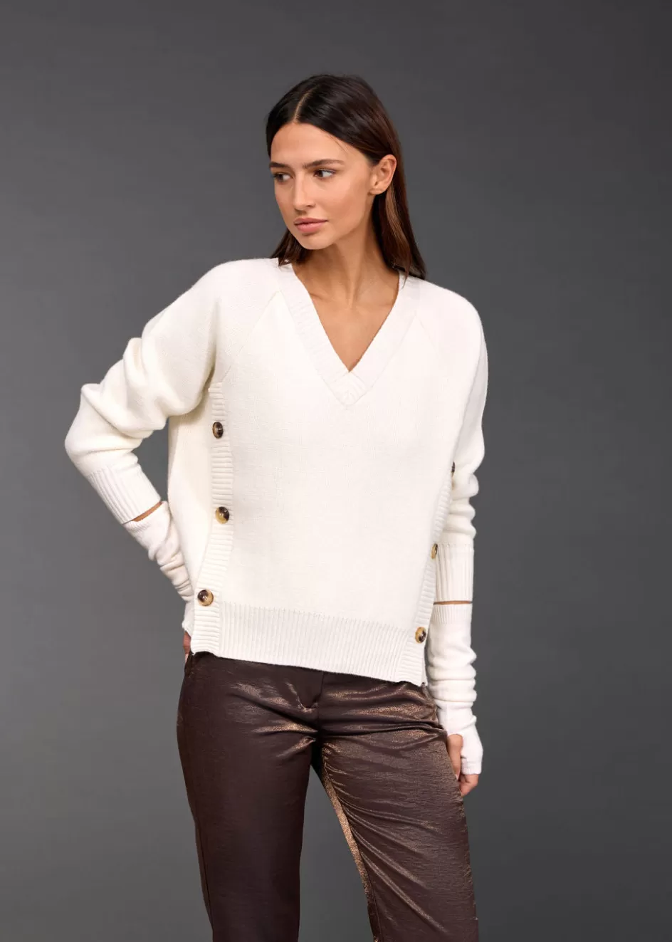 Lauren Vidal Pulls & Gilets-PULL BOUTONNÉ COTÉ DYLAN Ecru