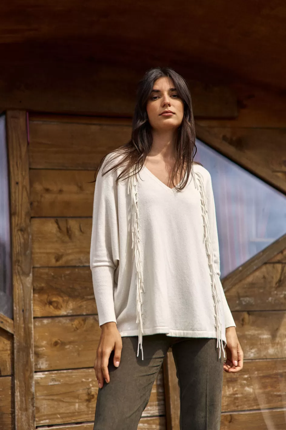 Lauren Vidal Pulls & Gilets-Pull Frangé en laine Naomi Cream