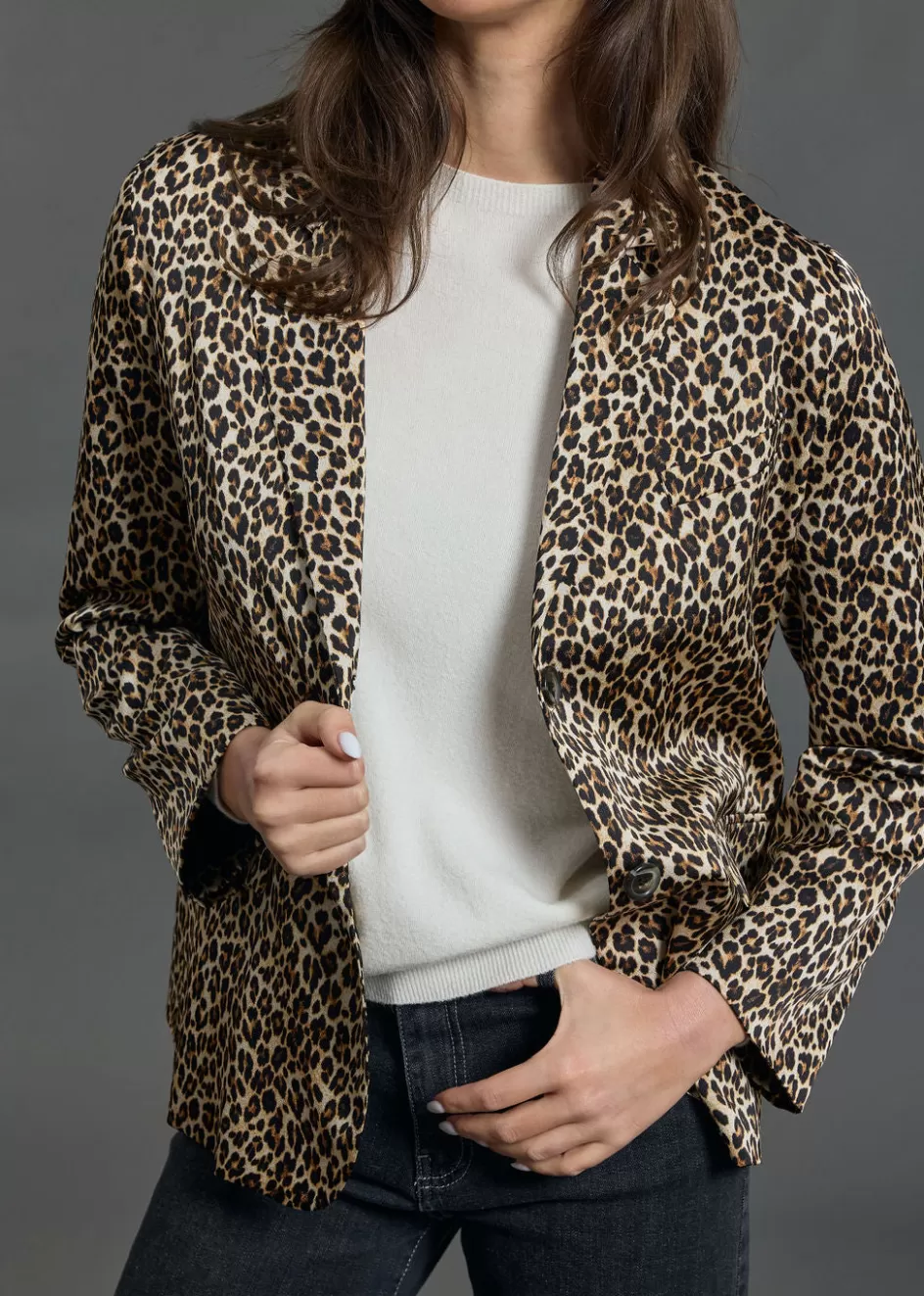 Lauren Vidal Vestes & Manteaux-VESTE BLAZER FLUIDE IMPRIMÉE LÉOPARD VALMI Creme