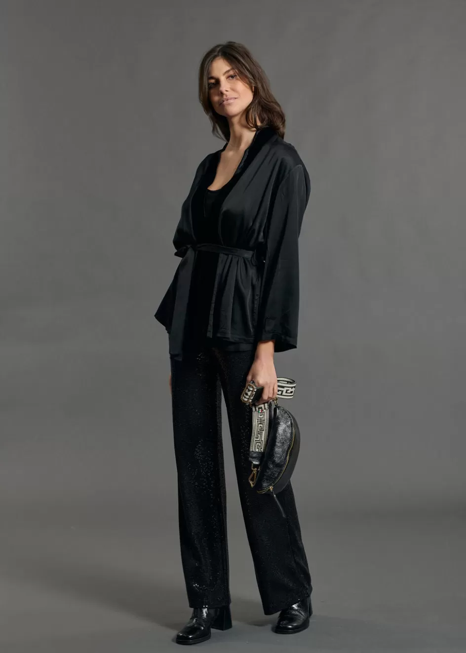Lauren Vidal Vestes & Manteaux-VESTE KIMONO BI-MATIÈRE AMBRE Noir